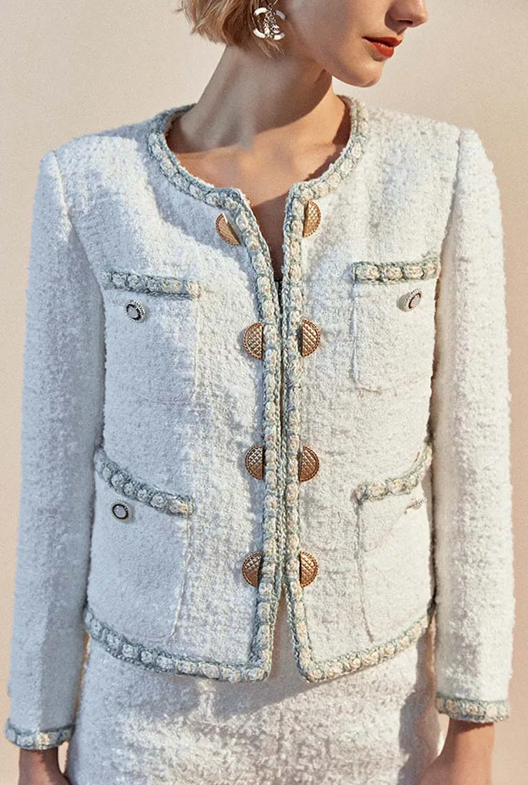 Front Pockets Vintage White Tweed Jacket