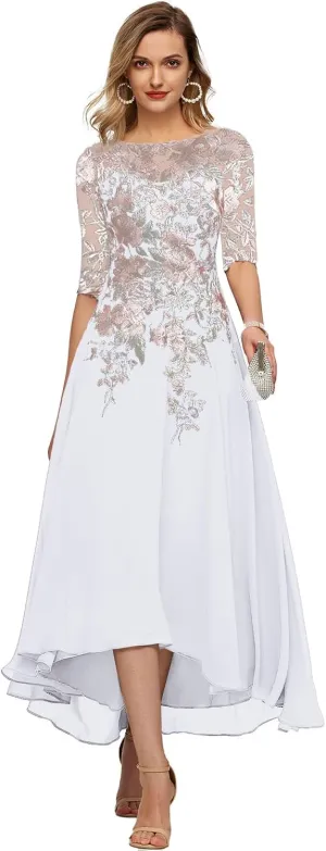 GARDOM Embroidery Midi Mother of The Bride Dresses for Wedding Tea Length Half Sleeve Lace Chiffon Formal Evening Gowns
