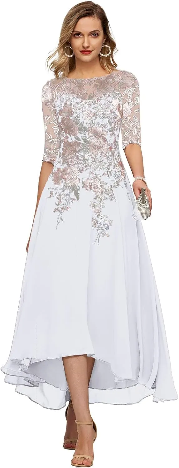 GARDOM Embroidery Midi Mother of The Bride Dresses for Wedding Tea Length Half Sleeve Lace Chiffon Formal Evening Gowns