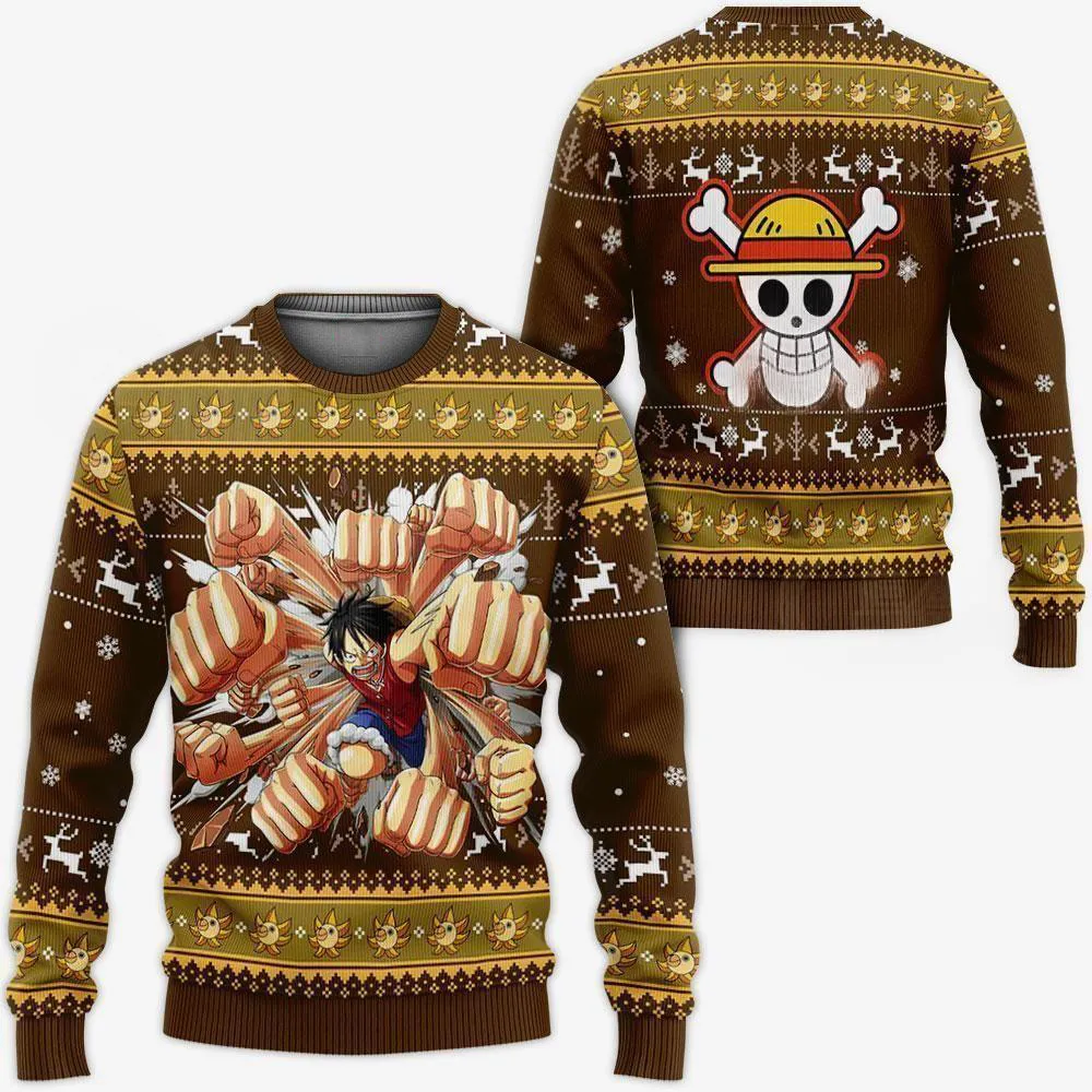 Giftngon - Luffy Gomu Gomu Ugly Sweater Xmas One Piece Anime Chrismast For Kids