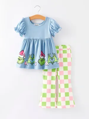 Girls Cartoon Print Checkerboard Pants Outfit Set
