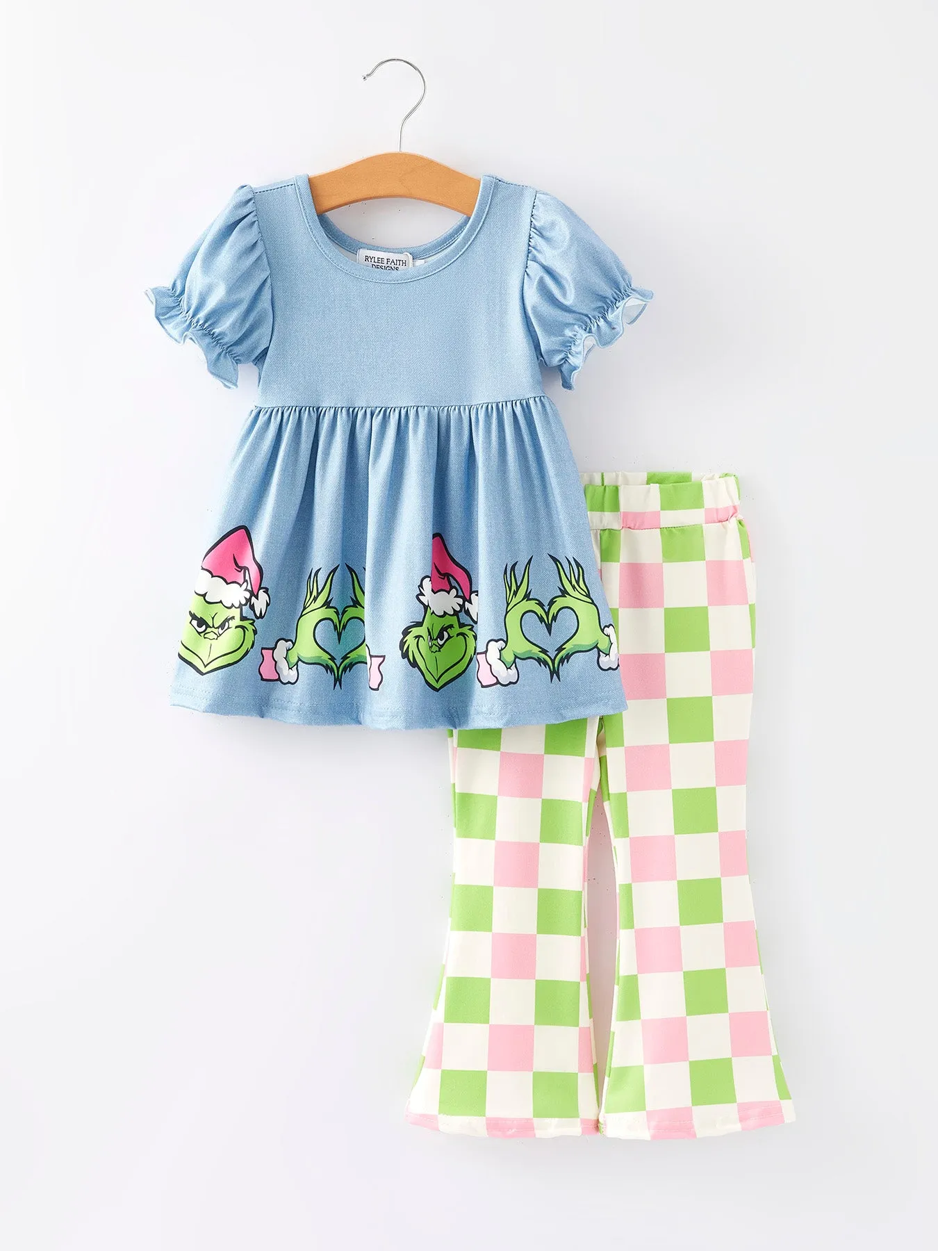 Girls Cartoon Print Checkerboard Pants Outfit Set