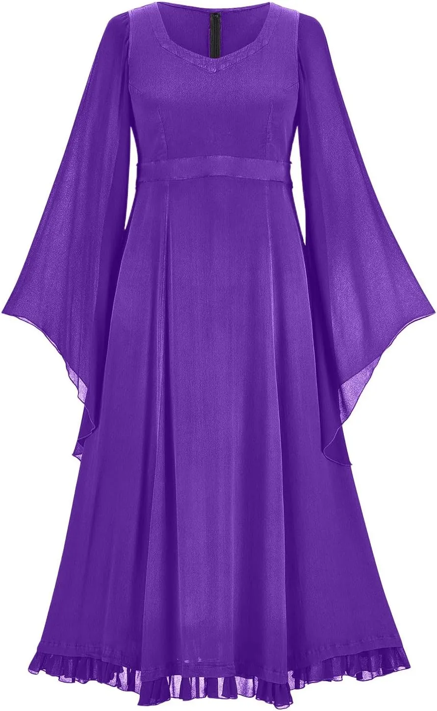 Gothic Mesh Midi Dress Women Flare Long Sleeves Dresses Ladies V-Neck Dress Punk Pleated Skirt Goth Medieval Costume