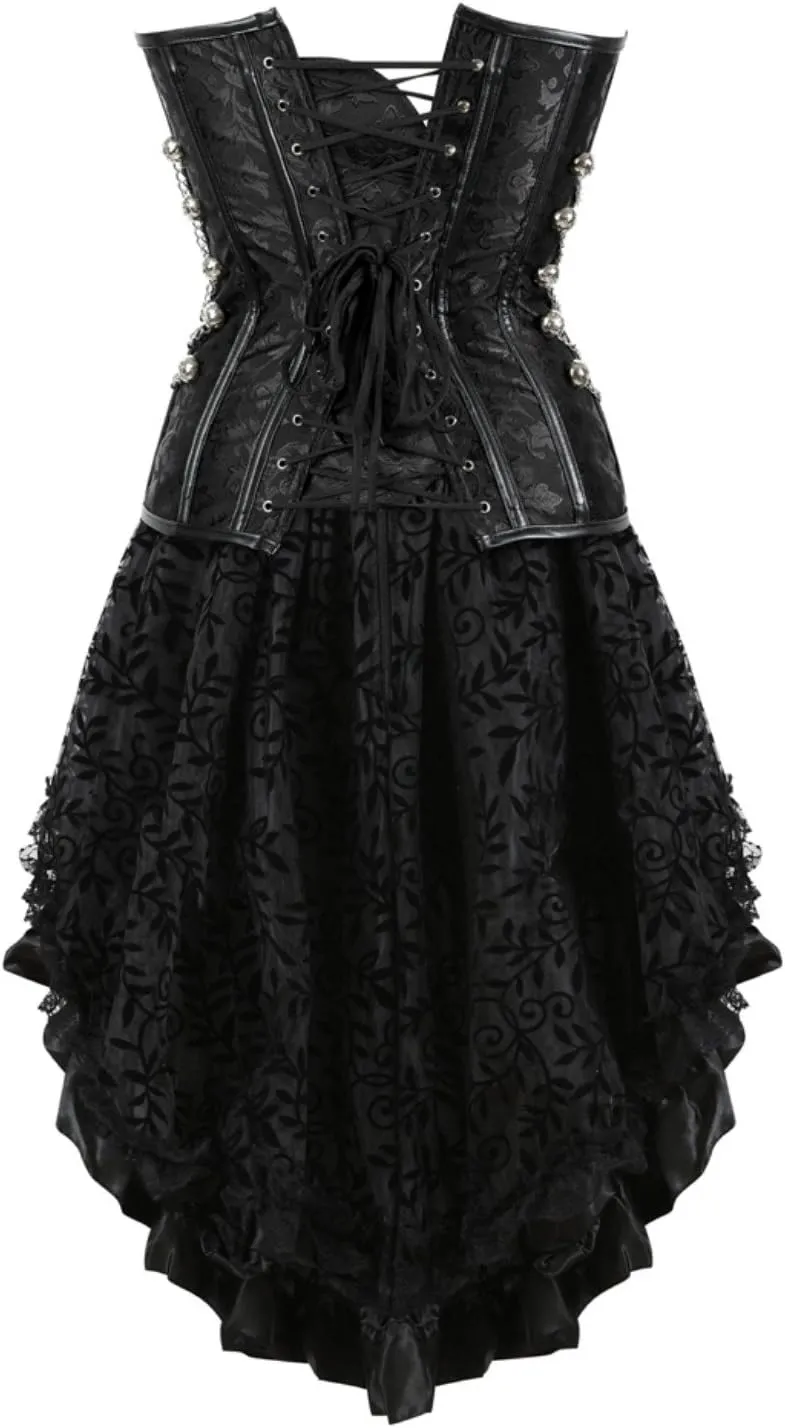 Grebrafan Women's Spiral Steel Boned Steampunk Corsets with Fluffy Pleated Layered Tutu Skirt
