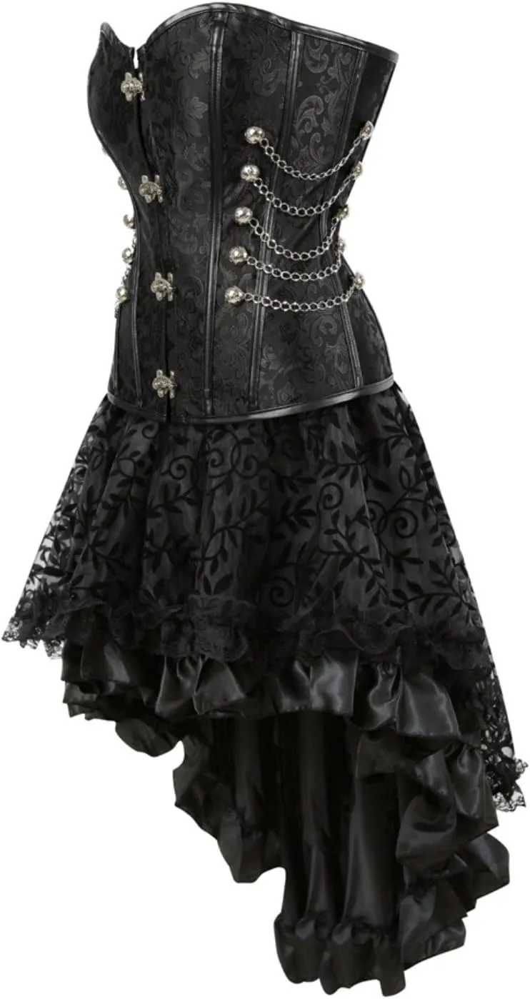 Grebrafan Women's Spiral Steel Boned Steampunk Corsets with Fluffy Pleated Layered Tutu Skirt
