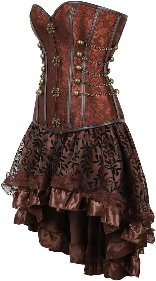 Grebrafan Women's Spiral Steel Boned Steampunk Corsets with Fluffy Pleated Layered Tutu Skirt