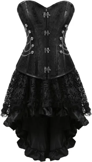 Grebrafan Women's Spiral Steel Boned Steampunk Corsets with Fluffy Pleated Layered Tutu Skirt