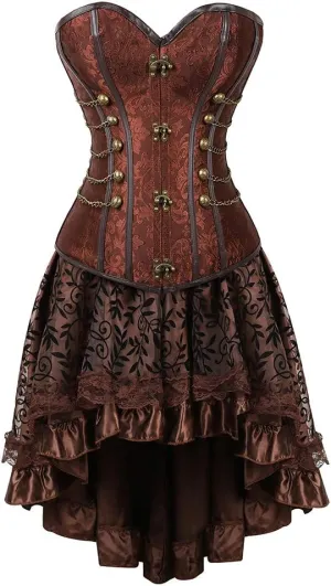 Grebrafan Women's Spiral Steel Boned Steampunk Corsets with Fluffy Pleated Layered Tutu Skirt