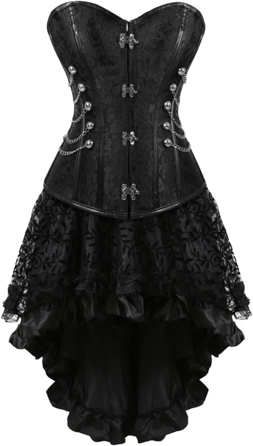 Grebrafan Women's Spiral Steel Boned Steampunk Corsets with Fluffy Pleated Layered Tutu Skirt