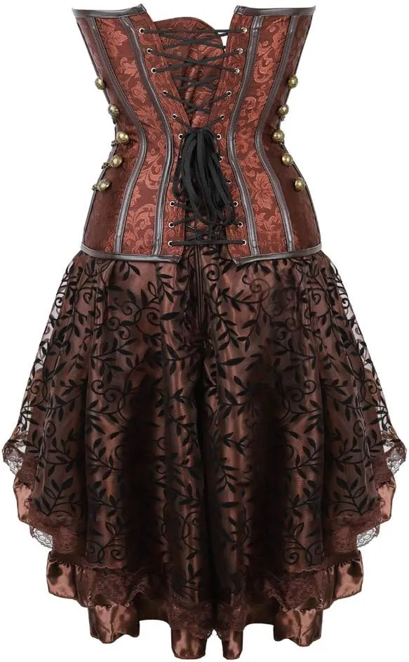 Grebrafan Women's Spiral Steel Boned Steampunk Corsets with Fluffy Pleated Layered Tutu Skirt