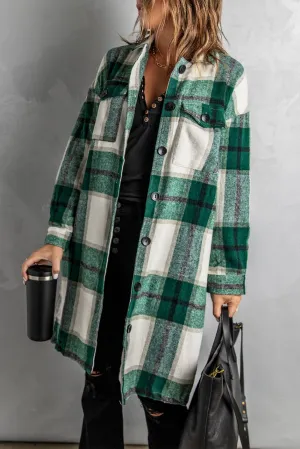 Green Long Shirt Plaid Coat