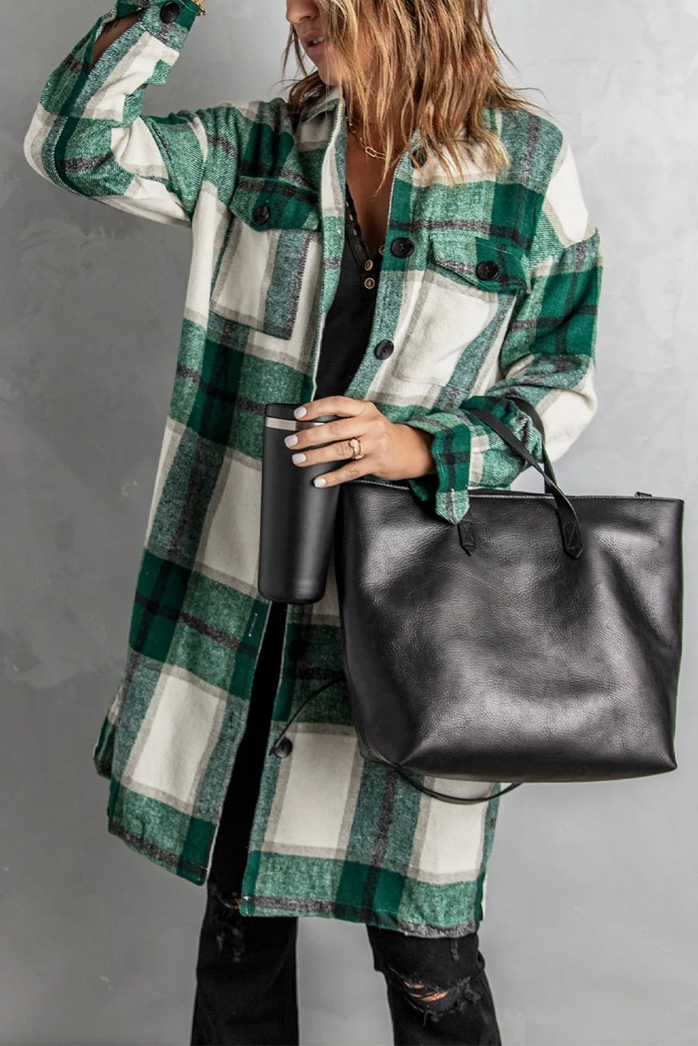 Green Long Shirt Plaid Coat