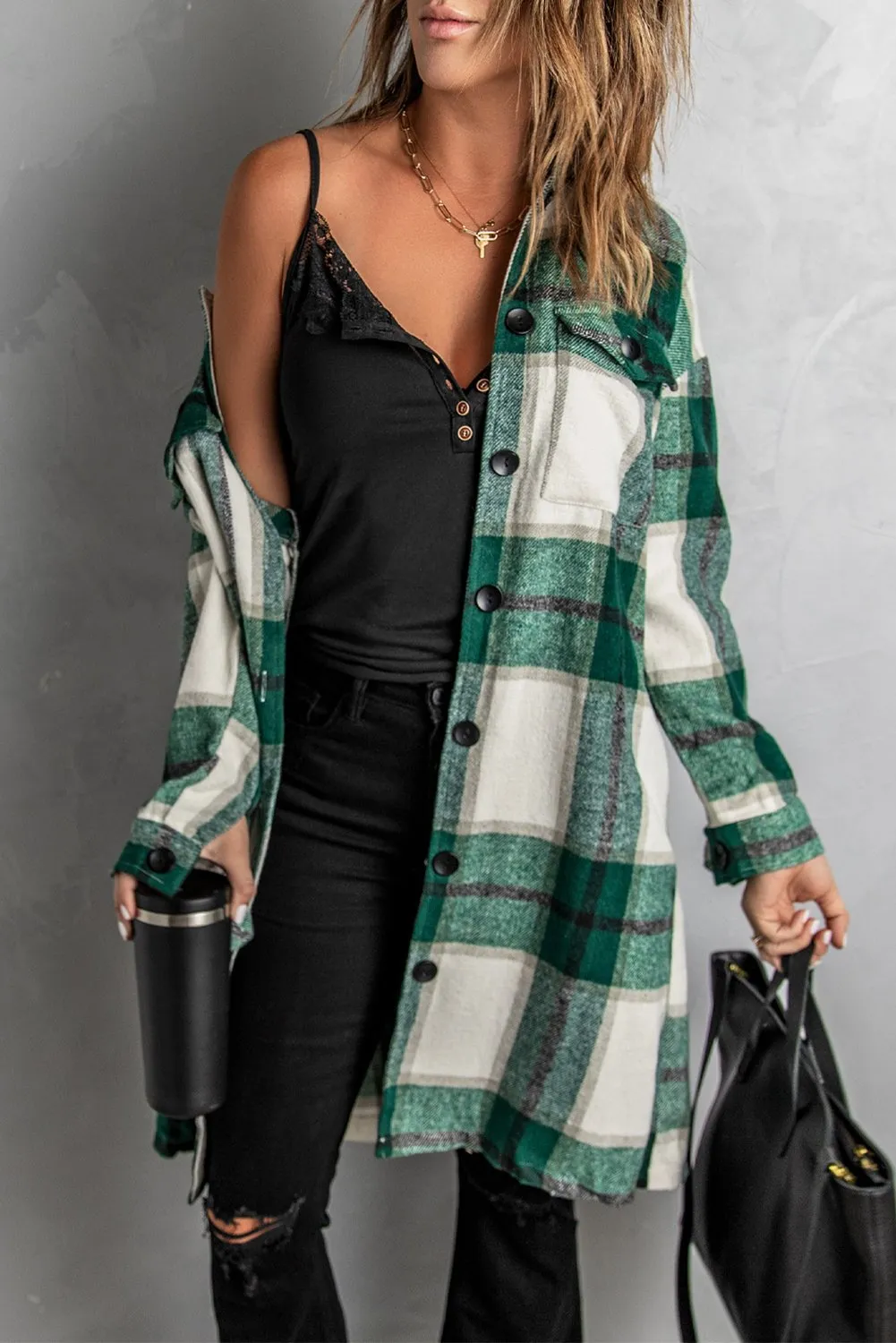Green Long Shirt Plaid Coat