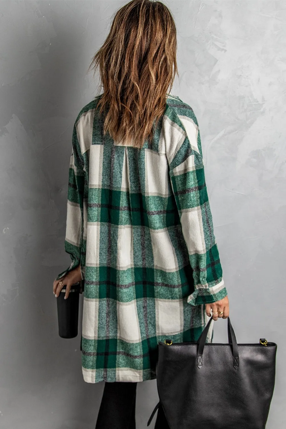 Green Long Shirt Plaid Coat