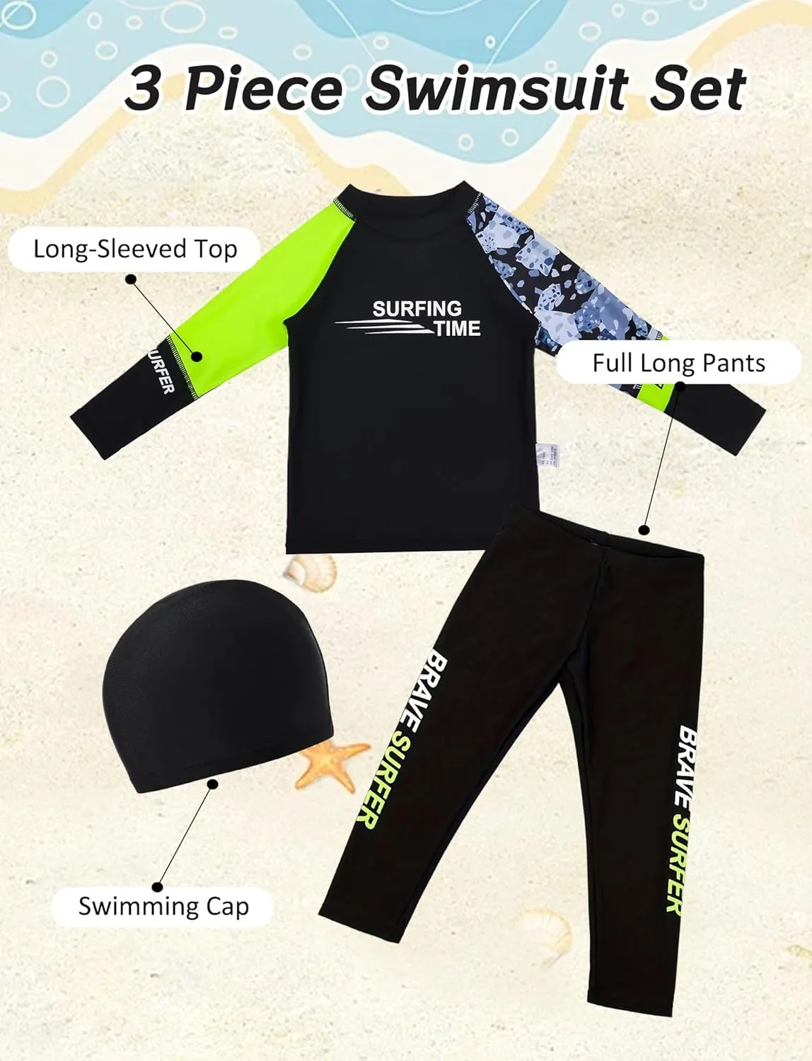 Happy Cherry Boys There Piece Swimsuit UPF 50  Long Sleeve Swim Shirt and Long Pants Rash Guards with Swim Hat