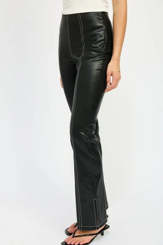 High Waist Leather Pants With Contrasted Stitch