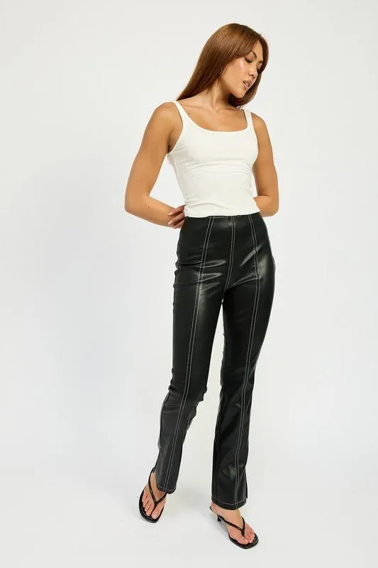High Waist Leather Pants With Contrasted Stitch