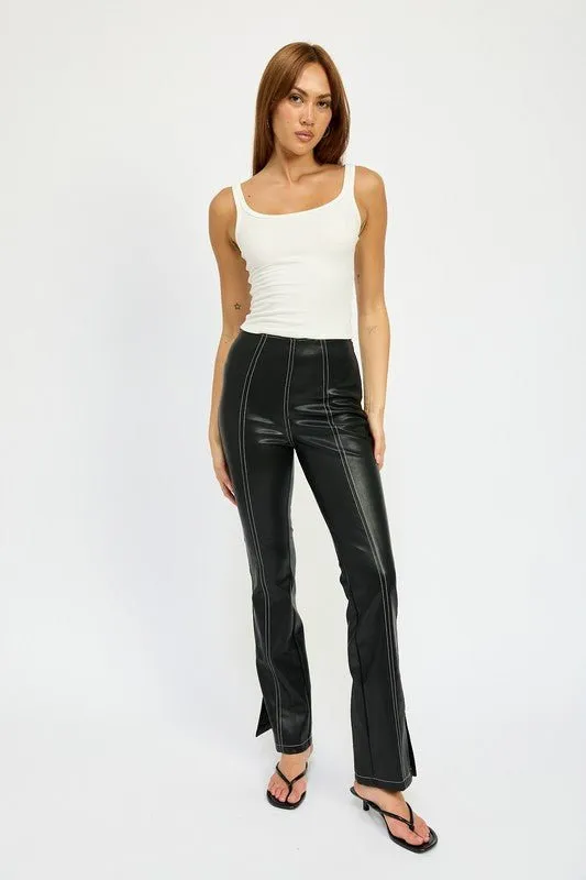 High Waist Leather Pants With Contrasted Stitch