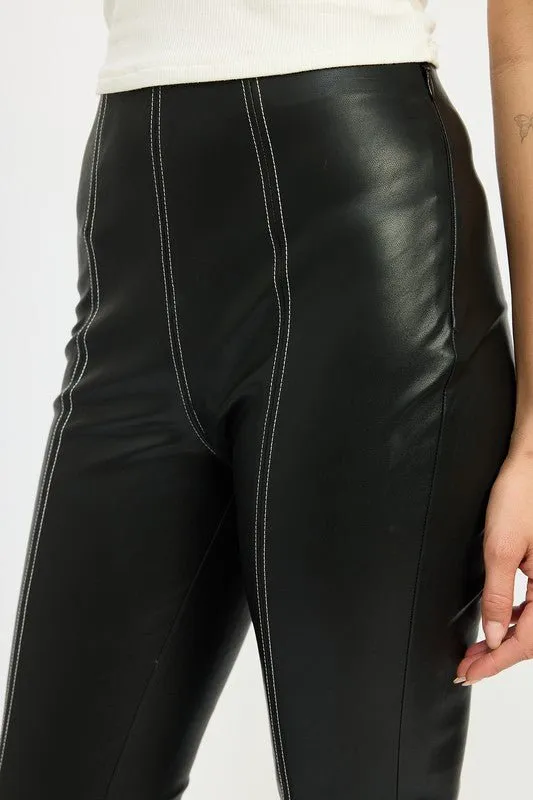 High Waist Leather Pants With Contrasted Stitch