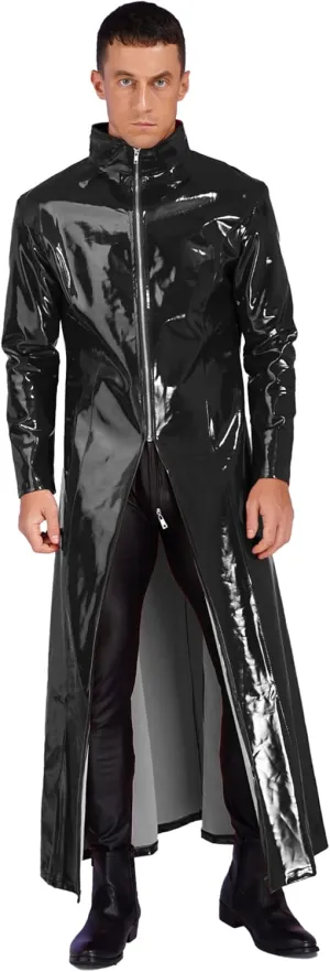 Hularka Men's Patent Leather Long Sleeve Trench Coat Nightclub Stage Performance Long Jacket