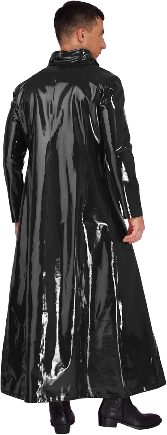 Hularka Men's Patent Leather Long Sleeve Trench Coat Nightclub Stage Performance Long Jacket