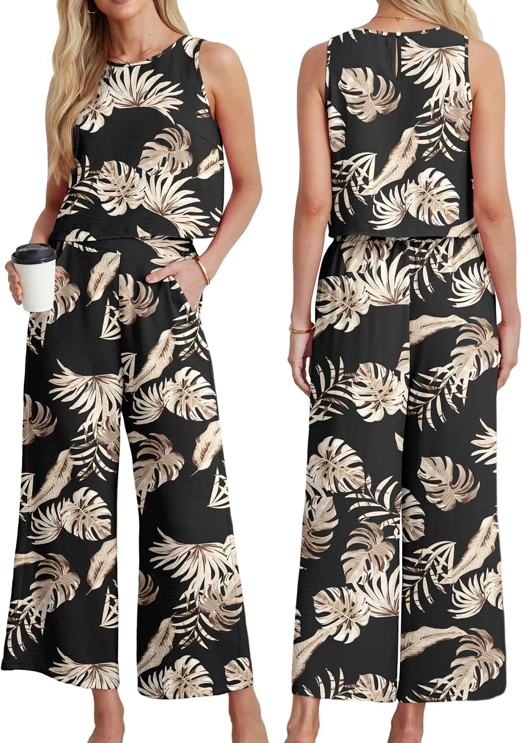 IWOLLENCE Women's Summer 2 Piece Outfits Set Round neck Sleeveless Tank Crop Top Wide Leg pants Set Pockets Jumpsuits