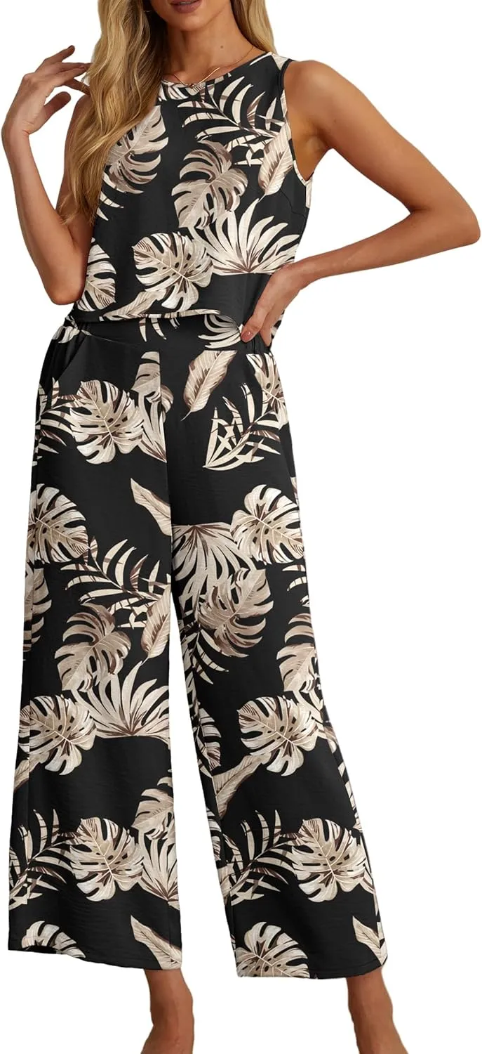 IWOLLENCE Women's Summer 2 Piece Outfits Set Round neck Sleeveless Tank Crop Top Wide Leg pants Set Pockets Jumpsuits