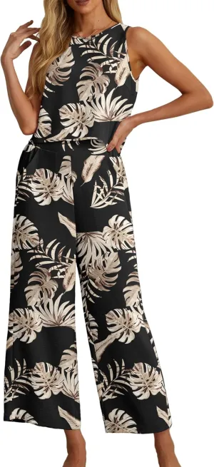 IWOLLENCE Women's Summer 2 Piece Outfits Set Round neck Sleeveless Tank Crop Top Wide Leg pants Set Pockets Jumpsuits