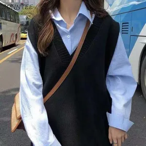 Joskaa Christmas Gift Sweater Vest Women Loose V-neck Solid Korean Style Knitting Sleeveless Chic Trendy Retro Large Size 3XL Womens Vests Ulzzang New