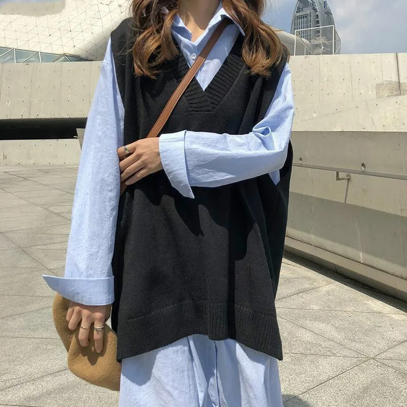 Joskaa Christmas Gift Sweater Vest Women Loose V-neck Solid Korean Style Knitting Sleeveless Chic Trendy Retro Large Size 3XL Womens Vests Ulzzang New