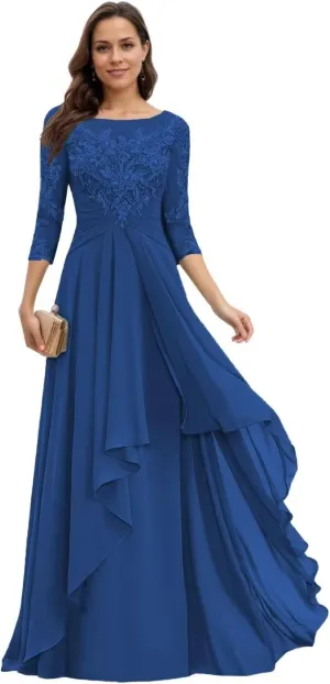 Lace Appliques Mother of The Bride Dresses with Sleeves Long Chiffon Scoop Neck Formal Prom Gowns