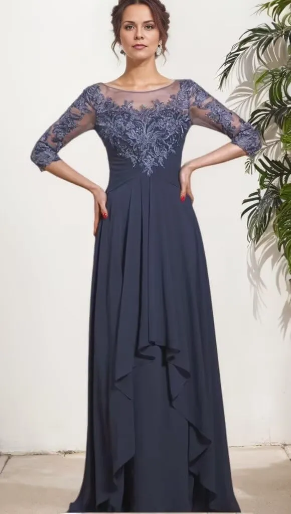 Lace Appliques Mother of The Bride Dresses with Sleeves Long Chiffon Scoop Neck Formal Prom Gowns