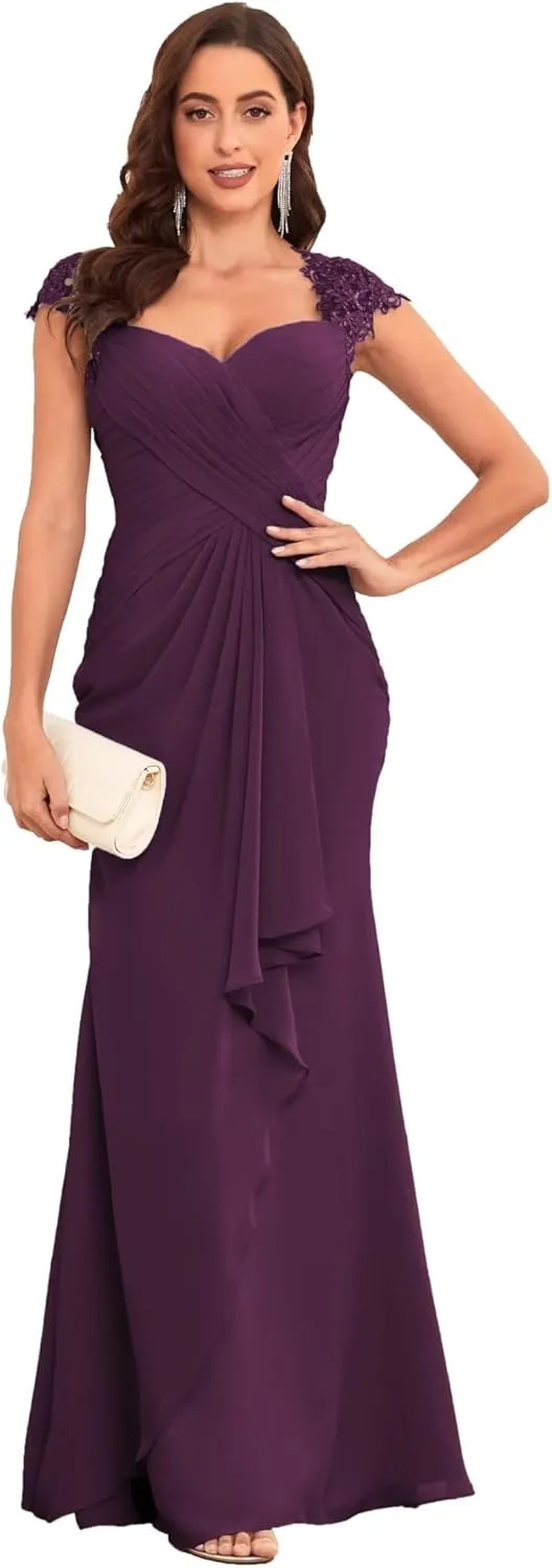 Lace Mermaid Mother of The Bride Dresses for Wedding Chiffon Pleated Formal Evening Dress