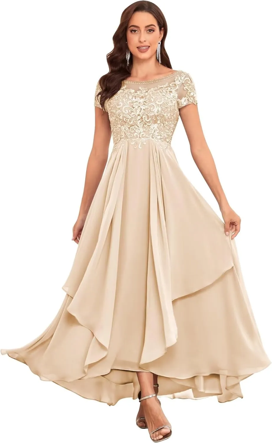 Lace Mother of The Bride Dresses for Wedding Scoop Neck Short Sleeve Ruffle Chiffon Formal Evening Gown