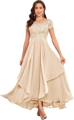 Lace Mother of The Bride Dresses for Wedding Scoop Neck Short Sleeve Ruffle Chiffon Formal Evening Gown