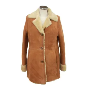 Ladies Anette Suede Leather Sheepskin Coat with Button Fastenings - Tan