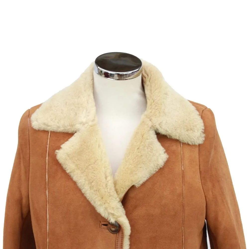 Ladies Anette Suede Leather Sheepskin Coat with Button Fastenings - Tan