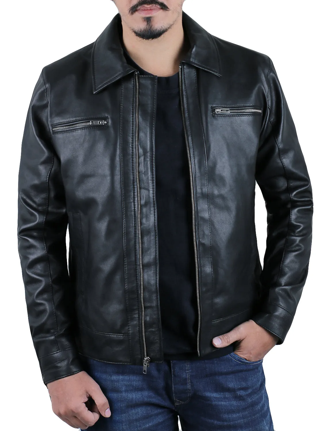 Leather Jackets Hub Mens Genuine Lambskin Leather Jacket (Black, Aviator Jacket) - 1501336