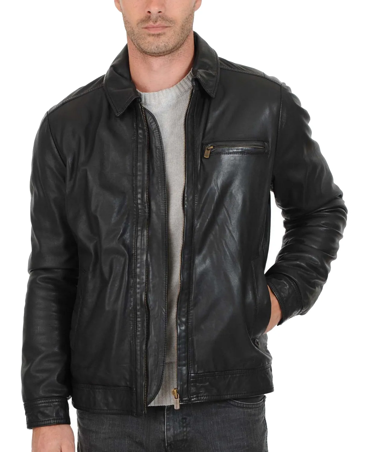 Leather Jackets Hub Mens Genuine Lambskin Leather Jacket (Black, Aviator Jacket) - 1501389