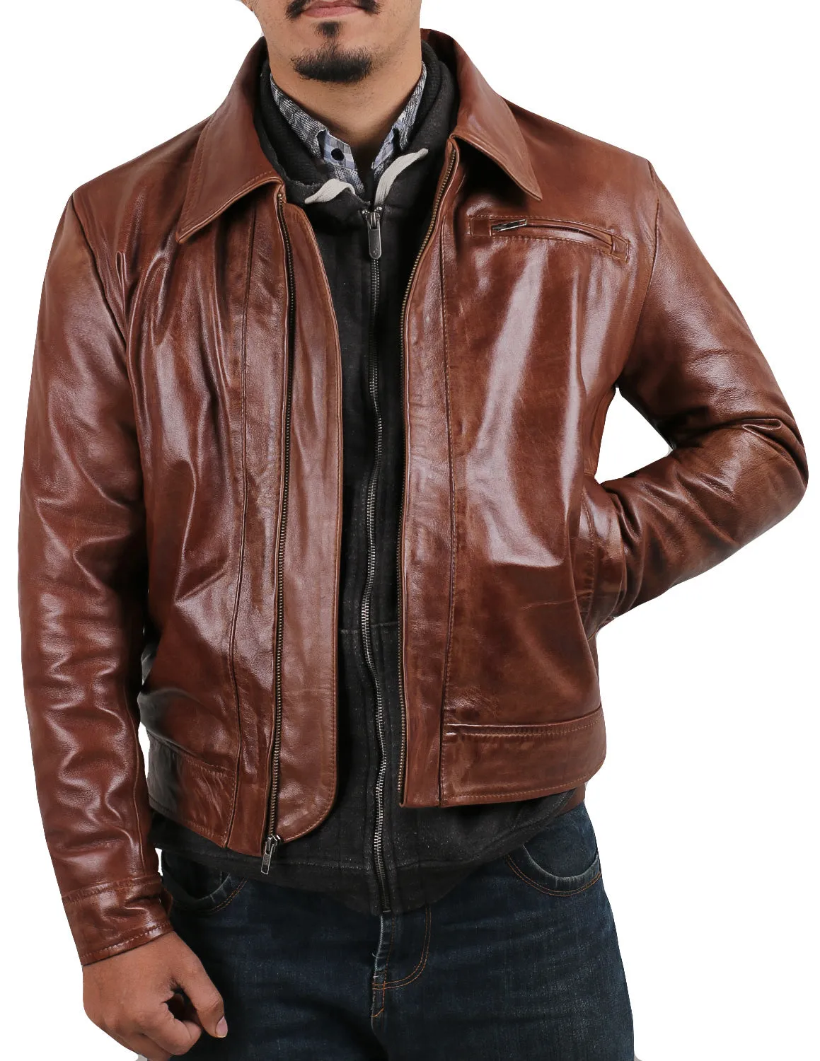 Leather Jackets Hub Mens Genuine Lambskin Leather Jacket (Black, Aviator Jacket) - 1501389