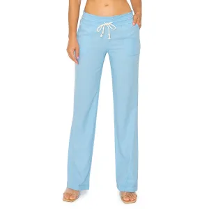 Linen Pants 32" Inseam Drawstring Smocked Waist Beach Pants - Powder Blue