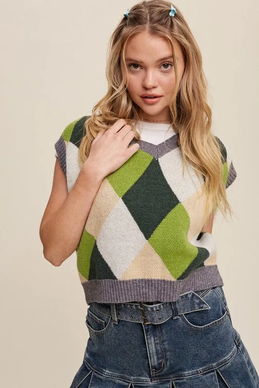 Listicle Argyle Cropped Sweater Vest