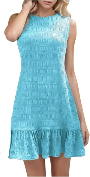 Lmdudan 2025 Summer Dress for Women Ruffle Hem Swing Mini Dress Sleeveless Tank Dresses Round Neck Casual Smock Sundress