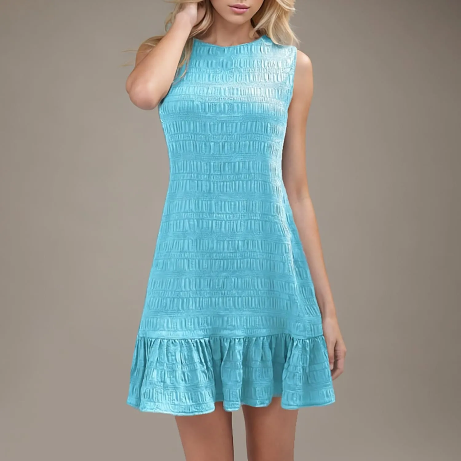 Lmdudan 2025 Summer Dress for Women Ruffle Hem Swing Mini Dress Sleeveless Tank Dresses Round Neck Casual Smock Sundress