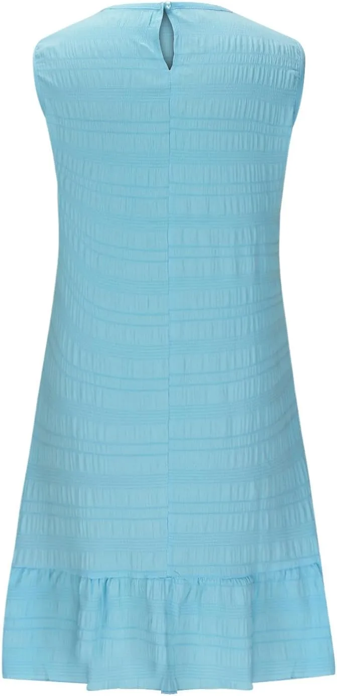 Lmdudan 2025 Summer Dress for Women Ruffle Hem Swing Mini Dress Sleeveless Tank Dresses Round Neck Casual Smock Sundress
