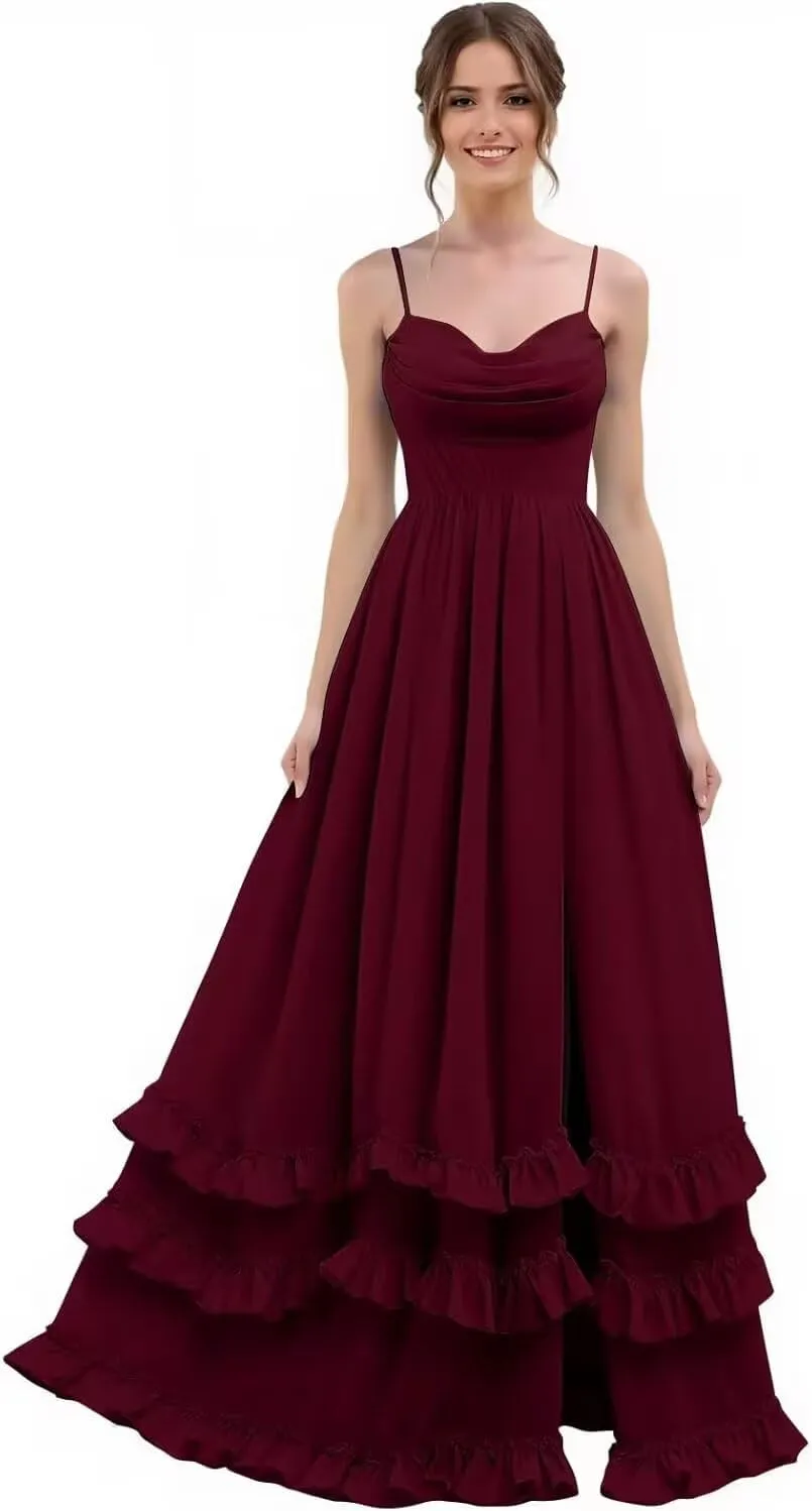 Long Chiffon Bridesmaid Dresses with Ruffles Spaghetti Straps Tiered Wedding Guest Dress High Split Formal Evening Gown