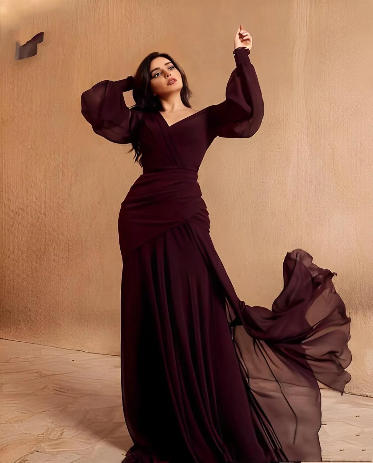 Long Sleeve Mermaid Chiffon Bridesmaid Dresses 2024 for Wedding Guest Sexy Tight Formal Evening Gown