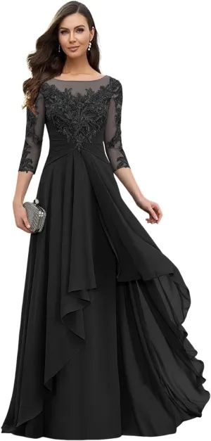 Long Sleeves Mother of The Bride Dresses for Wedding Jewel Lace Appliques Chiffon Formal Evening Gowns