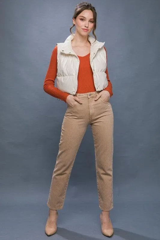 Love Tree Faux Leather Puffer Vest With Snap Button