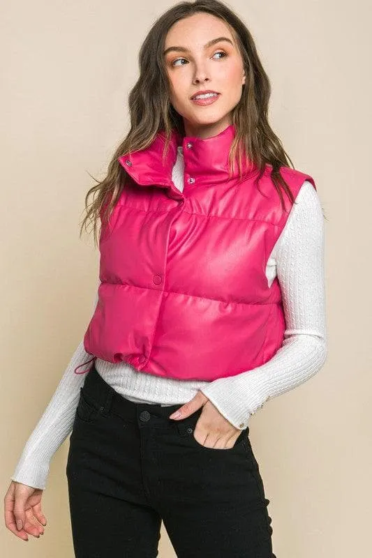 Love Tree Faux Leather Puffer Vest With Snap Button